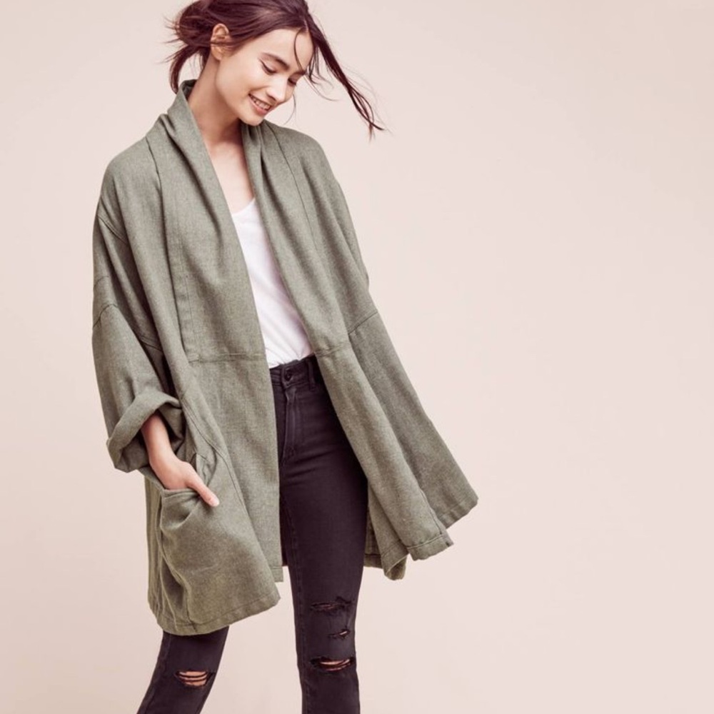 Anthropologie Altier Delphine Women's Gray Green Open Front Jacket Size M NWT